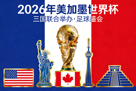 2026年美加墨世界杯专题宣传图 - 大力神杯与三国地标剪影