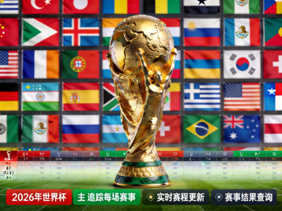2026年世界杯专题图 - 大力神杯与多国国旗背景，突出追踪每场赛事概念
