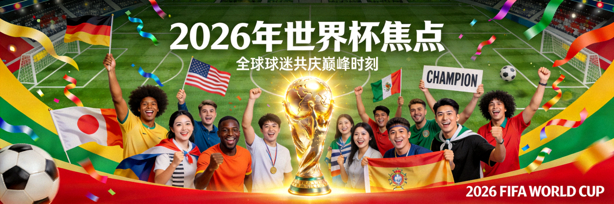 2026年世界杯焦点横幅 - 大力神杯与多国球迷欢庆场景