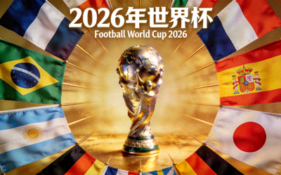 2026年世界杯专题图 - 大力神杯与多国国旗环绕