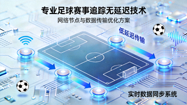 专业足球赛事追踪无延迟技术文章封面 - 网络节点与数据传输示意图，强调低延迟